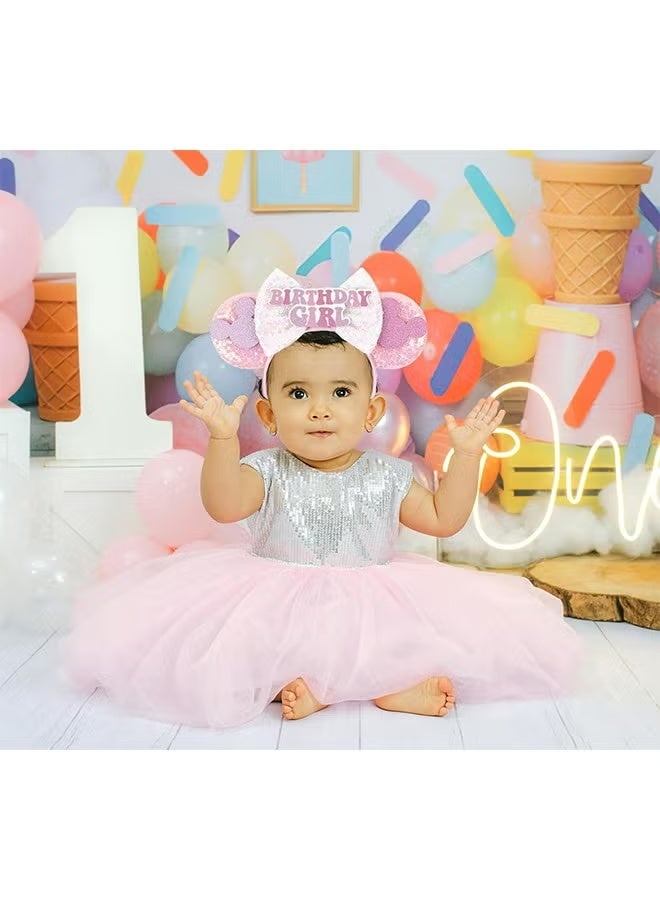 Birthday Minnie Ears Headband, Birthday Party Crown Headband Glitter Crown for Girl, Birthday Party Supplies (Pink) - Image 4