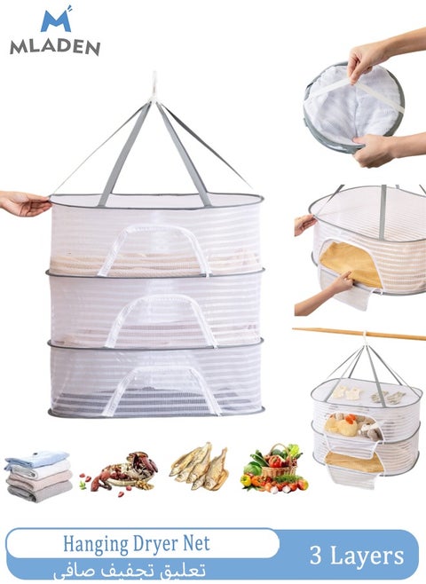 3-Layer Hanging Dryer Net Foldable Hanging Mesh Dryer Large Capacity Clothes Drying Basket, Foldable Drying Rack Net Dryer Folding Fish Net with Zipper for Fish, Vegetables, Fruits, Herbs