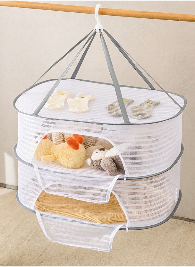 3-Layer Hanging Dryer Net Foldable Hanging Mesh Dryer Large Capacity Clothes Drying Basket, Foldable Drying Rack Net Dryer Folding Fish Net with Zipper for Fish, Vegetables, Fruits, Herbs
