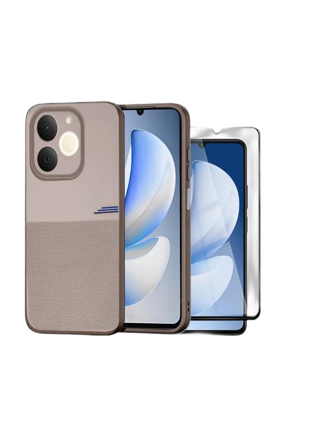 Wtech Realme Note 70 4G 2025 Fashion TPU Soft Silicone Sides Texture Case Cover - Brown & Realme Note 70 4G 2025 / Realme Note 70T Premium E2E Series Full Glue Full Cover Tempered Glass Screen Protector (MSGECN) - Clear/Black Bundle - Image 1