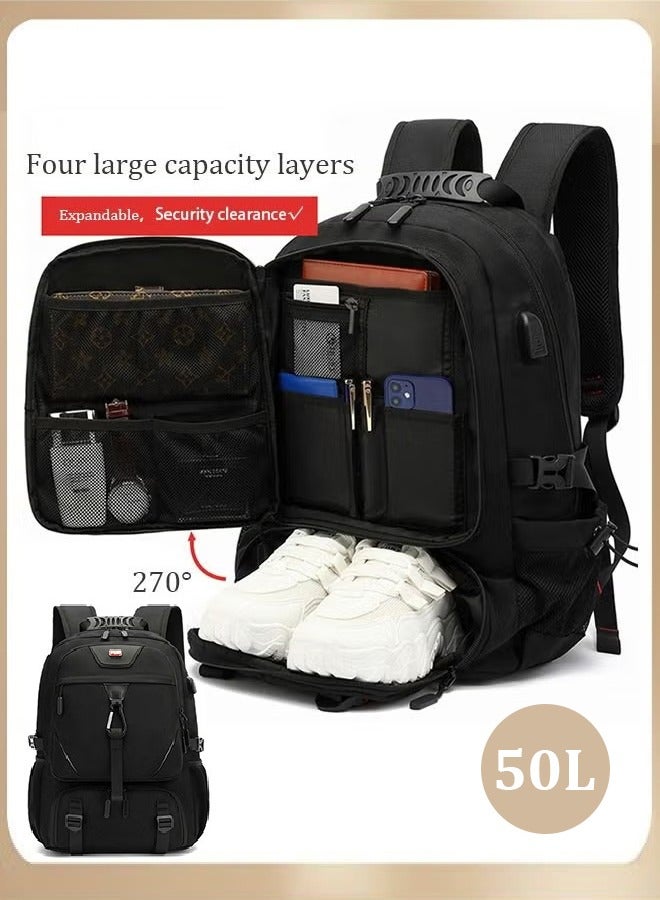 Canway Unisex Independent Shoes Compartment Hiking Backpack 50L Large Capacity Expandable Luggage Bag with USB Port for Sports Travel Outdoor Business Trip Work Black - Image 1