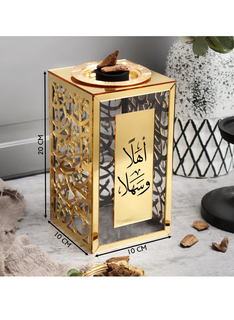 حكاية شمعة مبخره بخور بزخرفة عربية مصنوعه من الاكريليك اللامع والشفاف ، تحمل عبارة "أهلاً وسهلا" بتصميم مميزة - Image 2