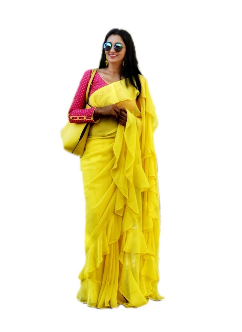 Grab Mantra Georgette Yellow Ruffle Saree With Contrast Pink Unstitched Blouse  - Image 1