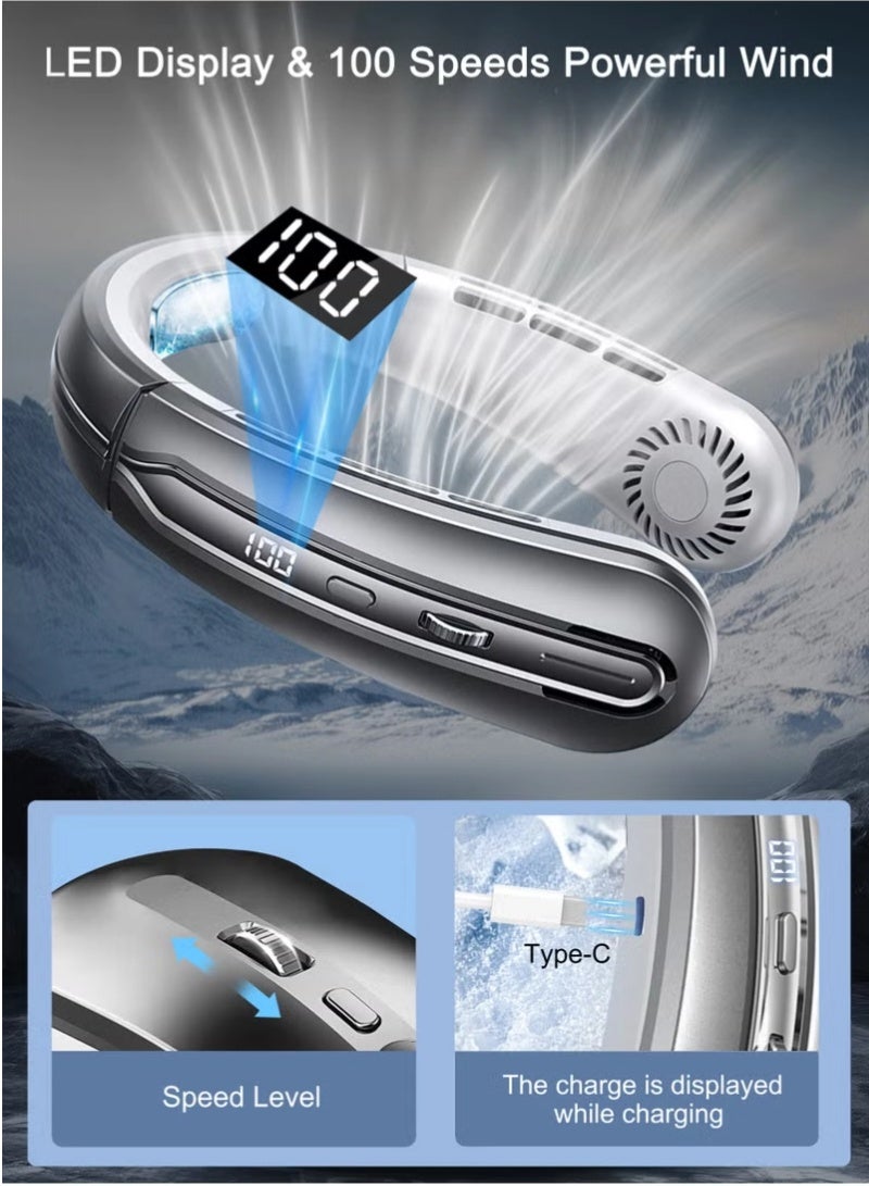 فيستون مروحة عنق محيطة قوية بزاوية 360 درجة محيطة بالرياح القوية، مروحة صغيرة محمولة، نظام تبريد شخصي، تبريد مثبت على العنق مع USB بقوة 4000 مللي أمبير في الساعة، قابلة لإعادة الشحن مع شاشة عرض سرعة الرياح، مناسبة للاستخدام في الهواء الطلق في الصيف الحار - Image 2