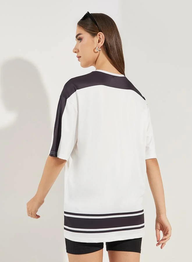 Styli Oversized Color Block Panel Number Print T-Shirt
