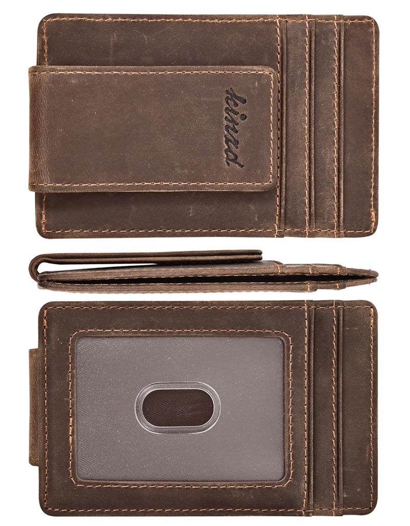 kinzd Money Clip, Front Pocket Wallet, Leather RFID Blocking Strong Magnet thin Wallet (Crazy Horse dark brown) - Image 1