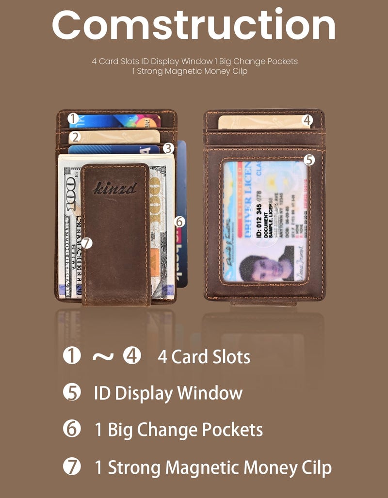 kinzd Money Clip, Front Pocket Wallet, Leather RFID Blocking Strong Magnet thin Wallet (Crazy Horse dark brown) - Image 3