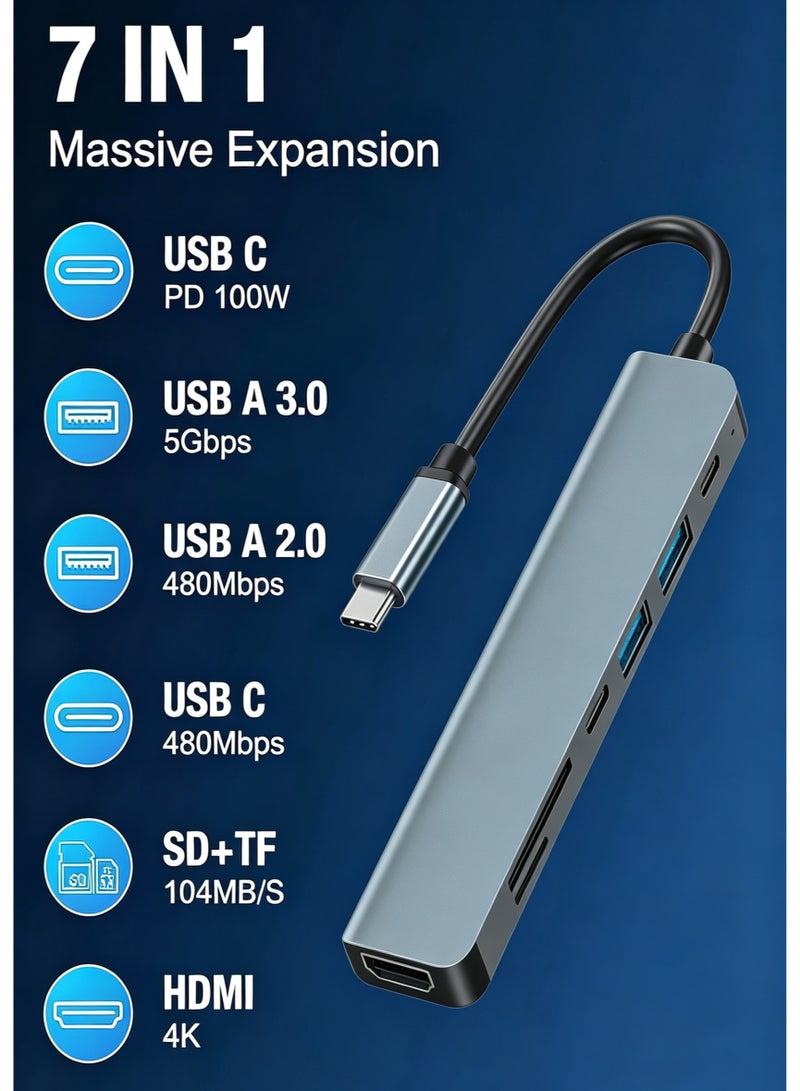 محول USB-C 7 في 1 من Newmight، مع منفذ HDMI بدقة 4K، ومنفذي USB 3.0، وشحن بقدرة 100W PD، وسرعة عالية تصل إلى 5Gbps، وقارئ بطاقات SD/TF، ومحول USB-C إلى HDMI، متوافق مع MacBook Air/Pro و iPad وأجهزة USB-C الأخرى - Image 1