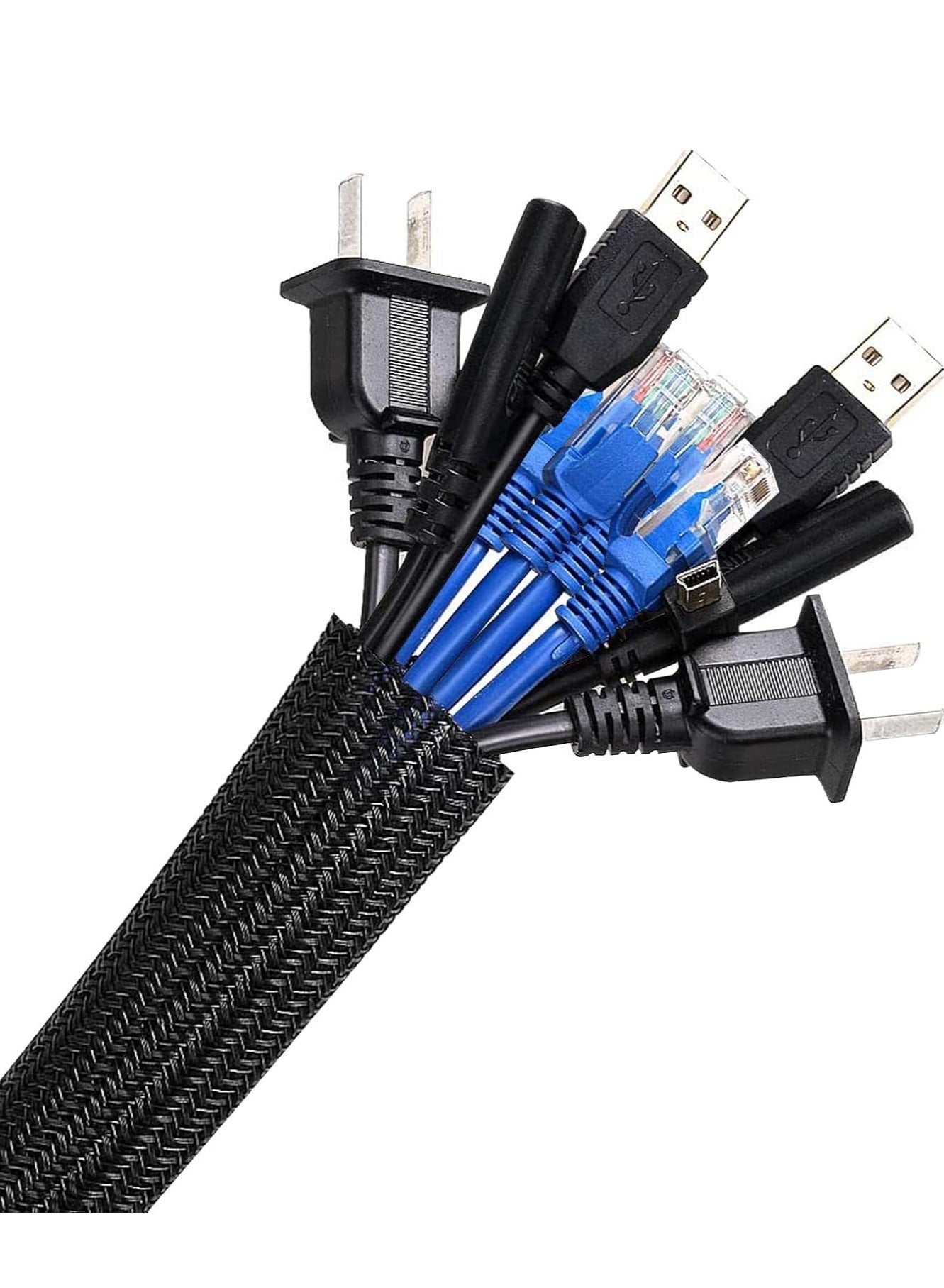 Adjustable Braided Cable Sleeve, Wire Management Sleeve Concealer for TV Table, Computer Cable Sleeve with Flame Retardant Cord Organizer and Protector, 3M/9.84ft, Black