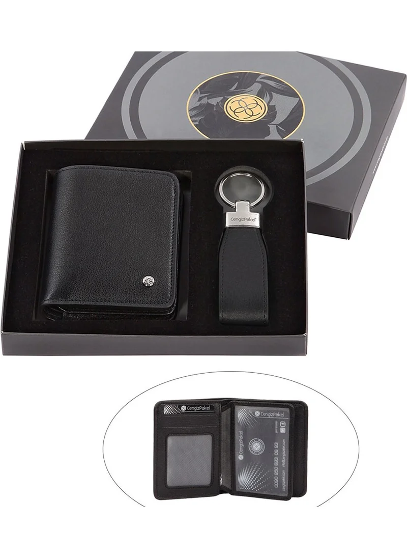 Cengiz Pakel Genuine Leather Small Size Black Men's Wallet + Keychain Set