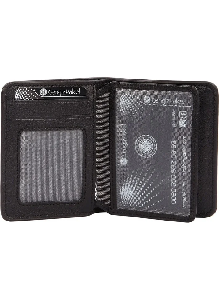 Cengiz Pakel Genuine Leather Small Size Black Men's Wallet + Keychain Set