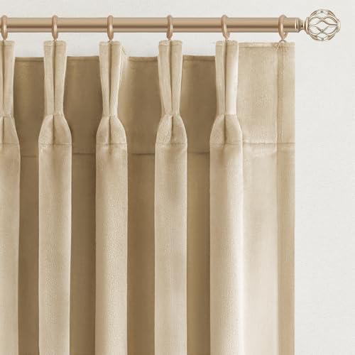 Drapenova 96 inches Long Pinch Pleated Velvet Curtains,Beige Boho Decorative Light Blocking Privacy Window Treatment for Living Room Nursery,Heavy Thick Velvet Curtain Rails Ceiling Mount 2 Panels - Image 1