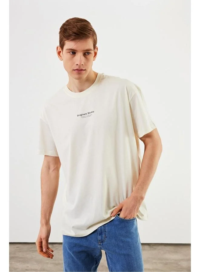 Mmetalic  Leo Men's Oversize Basic Ecru T-Shirt with 100% Cotton Crew Neck and Print Details. for Men | Best Price UAE
