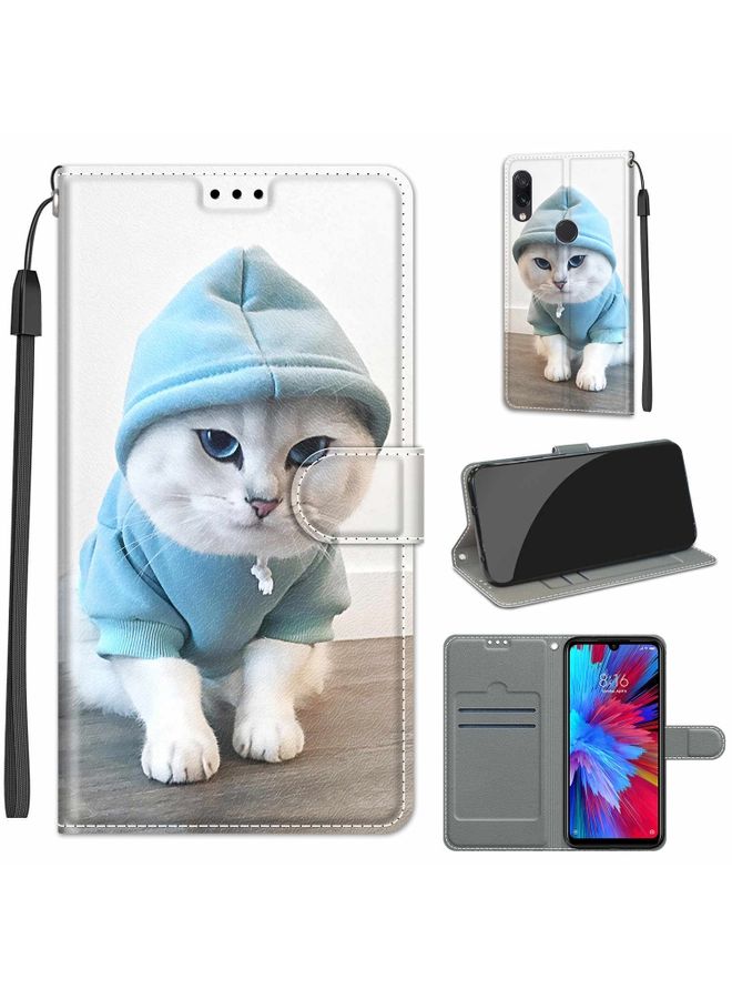 HuHa Case Cover For Xiaomi Redmi Note 7 Voltage Coloured Drawing Magnetic Clasp Horizontal Flip PU Leather Case with Holder & Card Slots C15 Blue Sweater White Cat