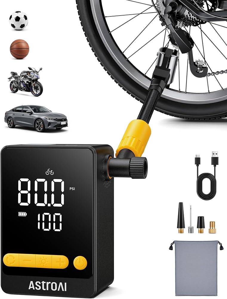 AstroAI Tire Inflator Cordless Portable Air Compressor 150PSI Air Pump 360° Schrader Hose & Presta Adapters, 2X Faster Tyre Inflator 5 Preset Modes for Car Motorcycle Road Bike Ball Cycling Trip - Image 1