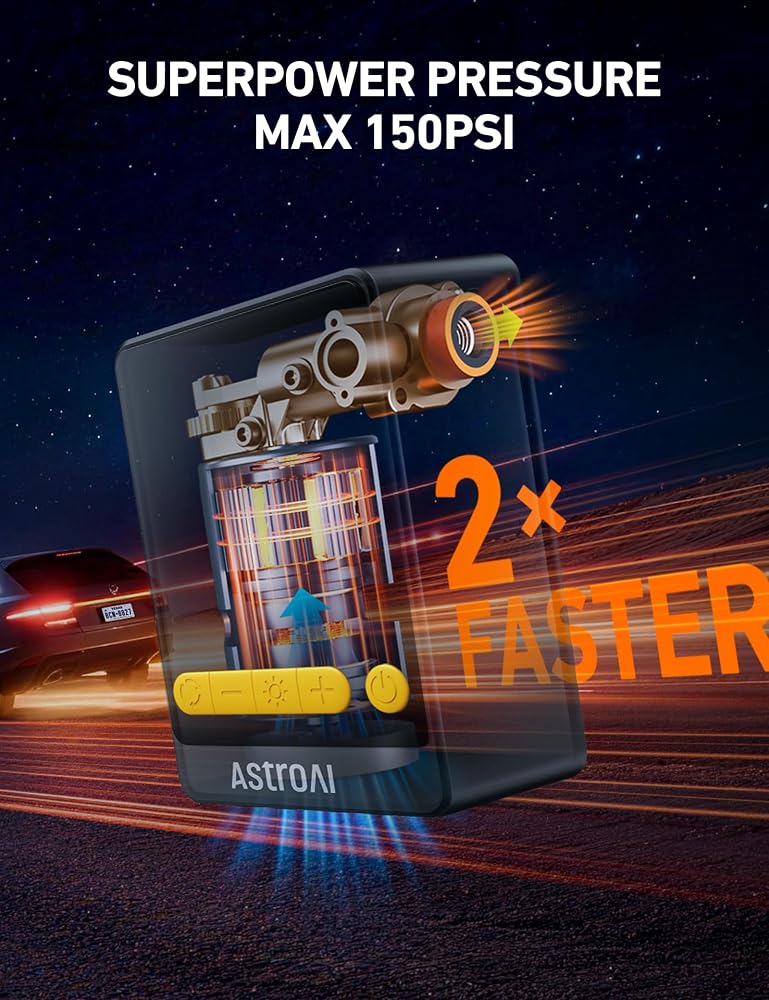 AstroAI Tire Inflator Cordless Portable Air Compressor 150PSI Air Pump 360° Schrader Hose & Presta Adapters, 2X Faster Tyre Inflator 5 Preset Modes for Car Motorcycle Road Bike Ball Cycling Trip - Image 2