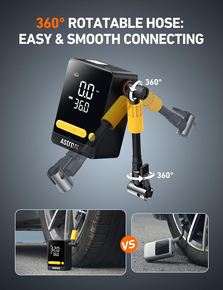 AstroAI Tire Inflator Cordless Portable Air Compressor 150PSI Air Pump 360° Schrader Hose & Presta Adapters, 2X Faster Tyre Inflator 5 Preset Modes for Car Motorcycle Road Bike Ball Cycling Trip - Image 3