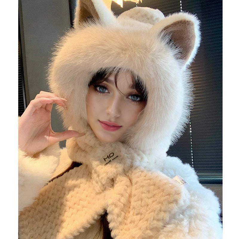 Cute Cat Ear Knit Beanie Women Autumn Winter Fashion Warm 1225 beige two-piece set [sharp-eared fox]]