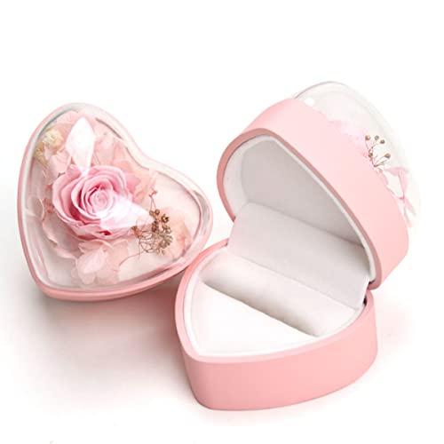 Hsiwto Preserved Flower Rose Ring Box, Heart Shape Velvet Jewelry Box for Valentine's Day Mother's Day Wedding Anniversary Birthday Gift, Pink - Image 1