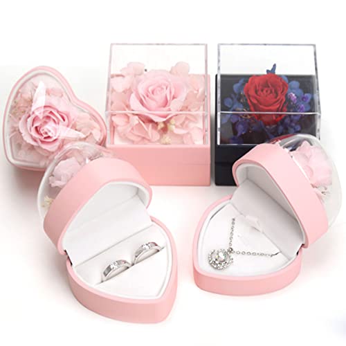 Hsiwto Preserved Flower Rose Ring Box, Heart Shape Velvet Jewelry Box for Valentine's Day Mother's Day Wedding Anniversary Birthday Gift, Pink - Image 4