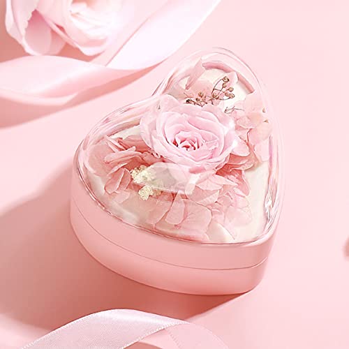 Hsiwto Preserved Flower Rose Ring Box, Heart Shape Velvet Jewelry Box for Valentine's Day Mother's Day Wedding Anniversary Birthday Gift, Pink - Image 2