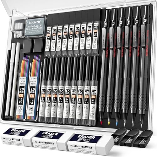 Nicpro 35PCS Black Metal Mechanical Pencils Set in Case Art Drafting Pencil 05 07 09 mm 3PCS 2mm Graphite Lead Holder for Drawing Sketching With 20 Tube Lead Refills6B 4B 2B HB 2H 4H Colors - Image 1