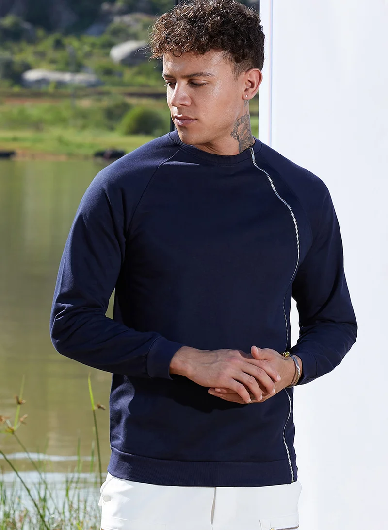 Campus Sutra Men's Navy Blue Sweatshirt With Asymmetriclal Zip For Casual Wear | Crew Neck | Long Sleeve | Zipper Closure | Cotton Sweatshirt Crafted With Comfort Fit For Everyday Wear