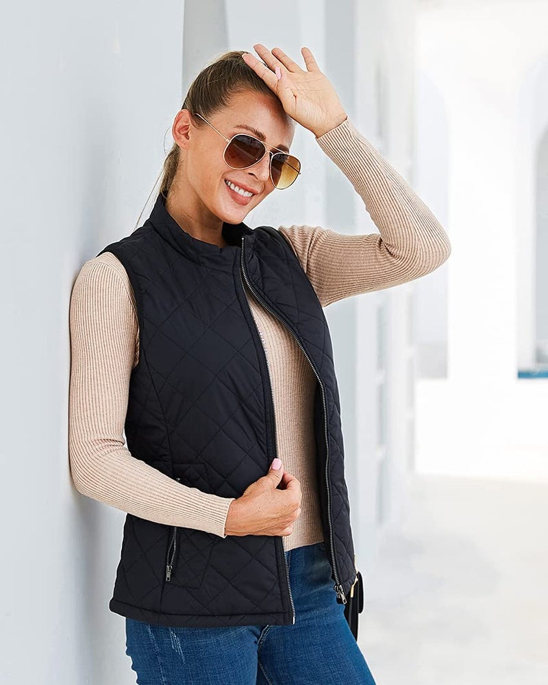 Argstar Women's Quilted Puffer Vest with 4 Pockets, Stand Collar Lightweight Zip Padded Outerwear Gilet Black L - Image 2