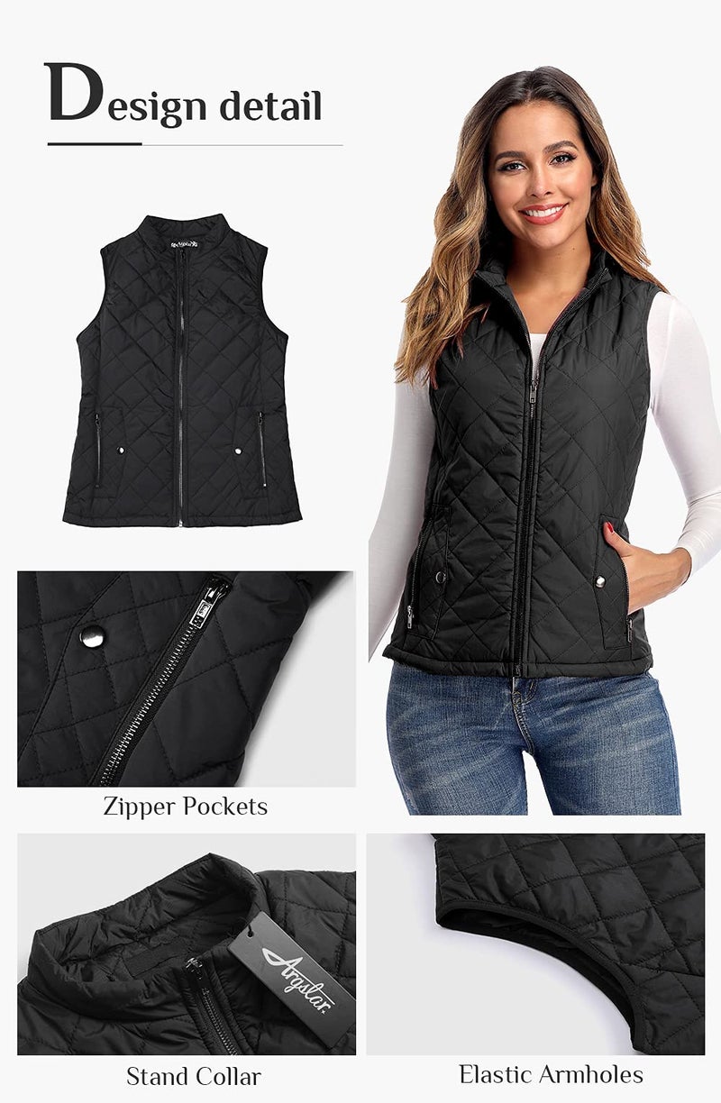 Argstar Women's Quilted Puffer Vest with 4 Pockets, Stand Collar Lightweight Zip Padded Outerwear Gilet Black L - Image 5