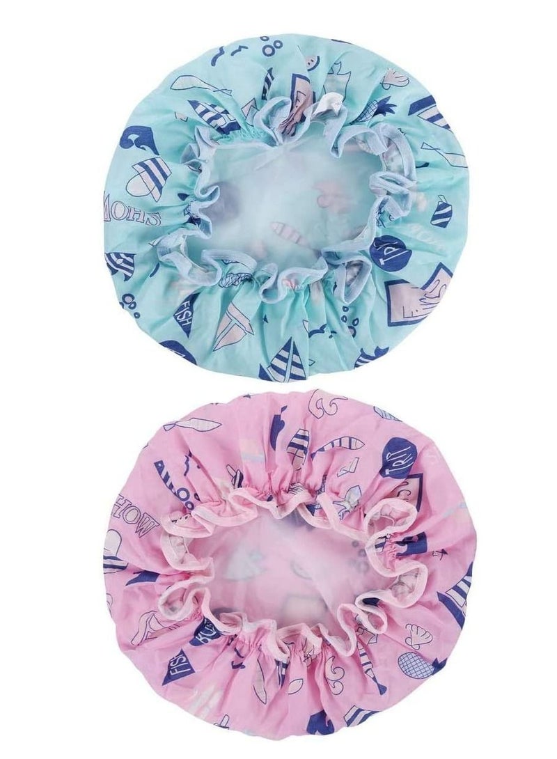 NIBEMINENT 2 Pack Ocean Shower Cap Double Layers Bath Caps for Women Reusable Spa Waterproof Designed Satin Lined (Pink and Blue) - Image 2