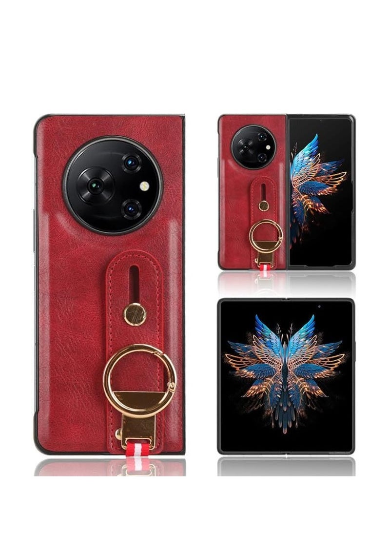 General Compatible with Tecno Phantom V Fold Shockproof Wristband Ring Bracket Back Cover For Phantom V Fold Protective Leather Phone Case (Red)  - Image 1