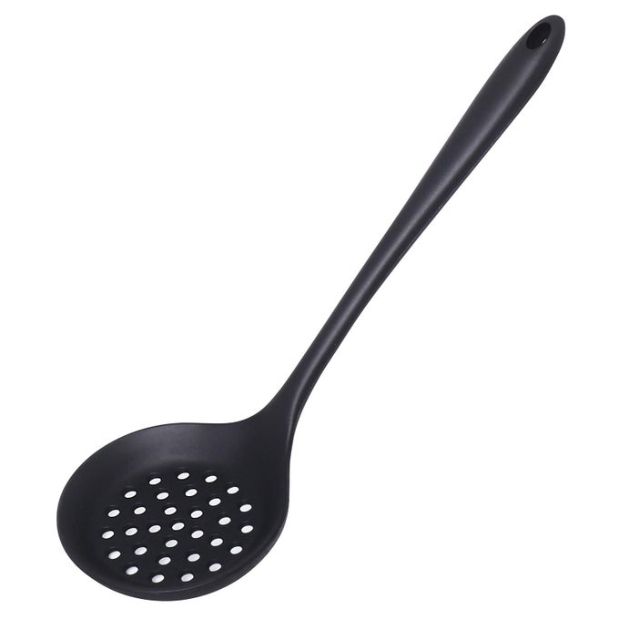 SLOTTED SPOON HEATPROOF SKIMMER STRAINER SLOTTED SPOON SEAMLESS ONEPIECE NONSTICK COOKING SILICONE SCOOP LADLE WITH ERGONOMIC HANDLE FOR FILTER VEGETABLE PASTA AND MORE BLACK