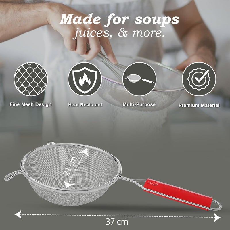 Unify 1 Pieces Stainless Steel Soup & Juice Strainer/Liquid Filter for Kitchen Use, Large Soup Chalni with Red Handle, Rice & Juice Use (Size-8, Dia-21cm, Set of 1, Silver) - Image 2