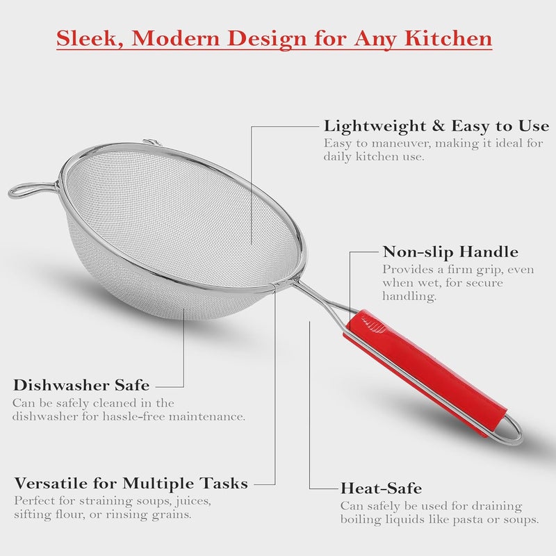 Unify 1 Pieces Stainless Steel Soup & Juice Strainer/Liquid Filter for Kitchen Use, Large Soup Chalni with Red Handle, Rice & Juice Use (Size-8, Dia-21cm, Set of 1, Silver) - Image 5