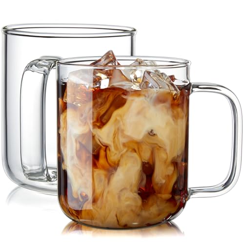 BWODYAY Glass Coffee Mugs 16 oz Ice coffee cups Large Clear Tea Cups Set of 2 Glass Mugs with Handles Glass Cups for Latte Cappuccino and Tea - Image 1