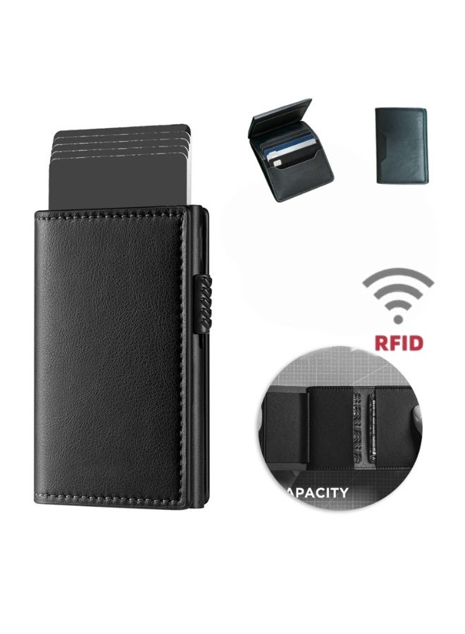 Men's RFID blocking pop-up card holder wallet, slim PU leather minimalist credit card bag with ID window pocket, multi-card slot for everyday business travel, ideal for Eid and birthday gifts for men - Image 1