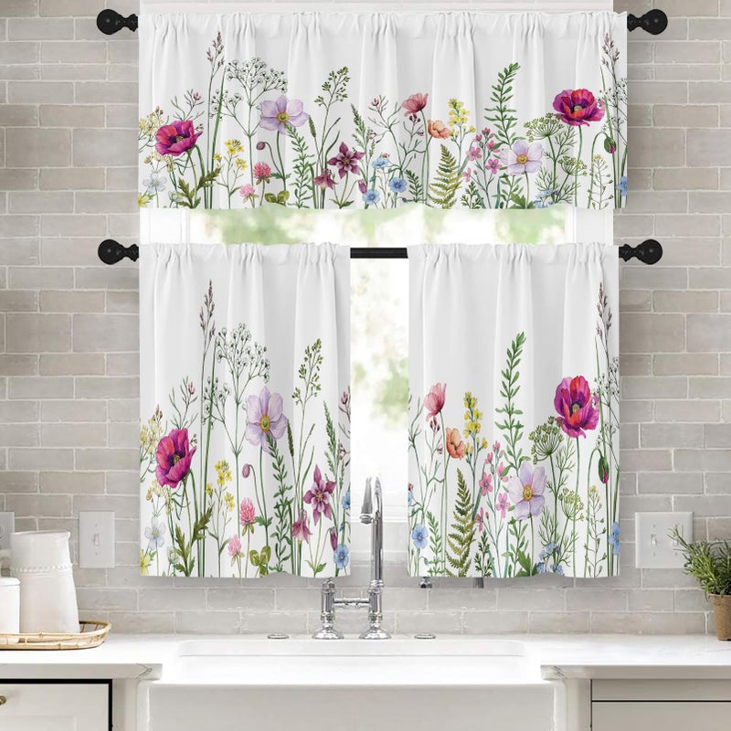 Emvency Spring Flower Kitchen Window Curtains Valance and Tier Set 36 Inch, Pink and Purple Floral Summer 3 Piece Set Short Curtains for Window Treatment Tiers for Living Room Bedroom - Image 1