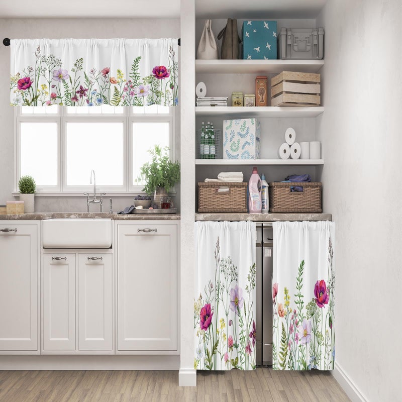 Emvency Spring Flower Kitchen Window Curtains Valance and Tier Set 36 Inch, Pink and Purple Floral Summer 3 Piece Set Short Curtains for Window Treatment Tiers for Living Room Bedroom - Image 2