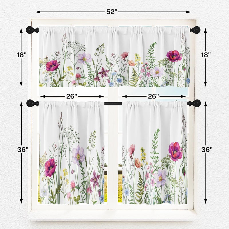 Emvency Spring Flower Kitchen Window Curtains Valance and Tier Set 36 Inch, Pink and Purple Floral Summer 3 Piece Set Short Curtains for Window Treatment Tiers for Living Room Bedroom - Image 3