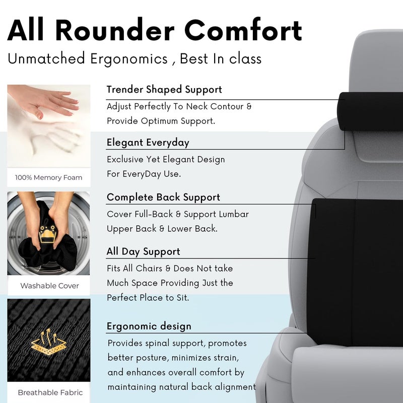 RIPOSEV Trender Lumber Orthopedic Full Lumbar Support for Chair & Car Seat Backrest Cushion for Back Pain Relief - Back Rest Support Back Support Pillow Memory Foam Cushion, (Black) - Image 3
