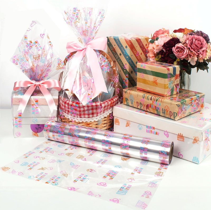 JOYIT Happy Birthday Cellophane Wrap Roll (35'' Wide X 50 FT Long) - 3 Mil Thick Clear Cellophane Roll, Birthday Cellophane Bags Large, Wrapping Paper for Flower Gift Baskets Wrap (35" fold into 17.5") - Image 4