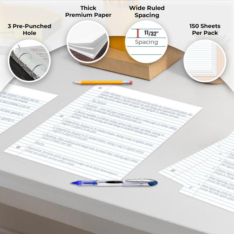 Rosmonde Loose Leaf Paper, 900 Sheets, 6 Pack, Wide Ruled, 8" x 10.5", Bulk Office Filler Sheets, 3 Hole Punched, 150 Sheets/Pack, Wide Ruled for 3 Ring Binder, Filler Notebook Paper, White - Image 2