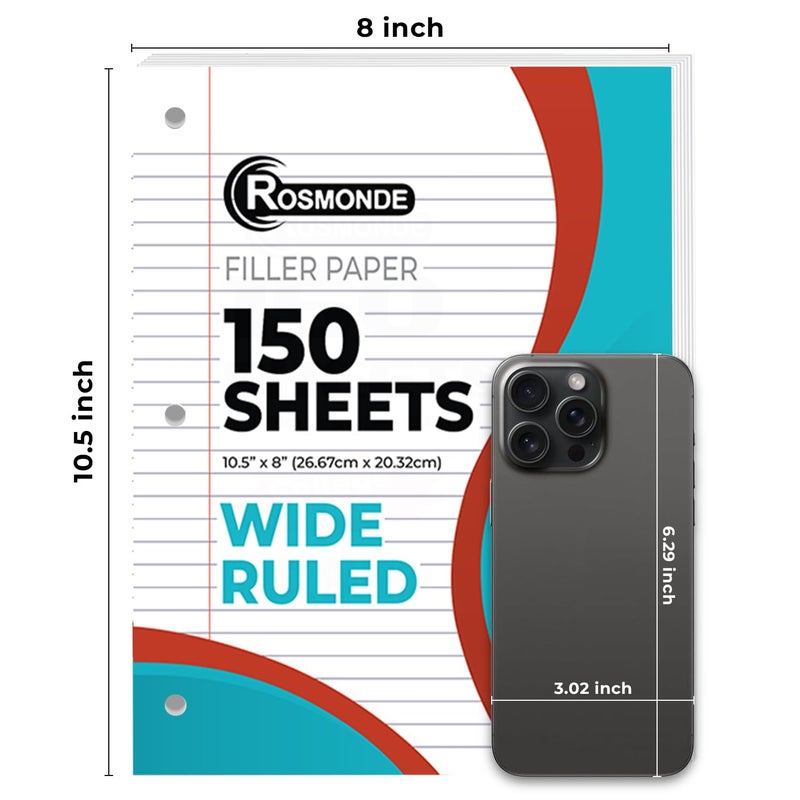 Rosmonde Loose Leaf Paper, 900 Sheets, 6 Pack, Wide Ruled, 8" x 10.5", Bulk Office Filler Sheets, 3 Hole Punched, 150 Sheets/Pack, Wide Ruled for 3 Ring Binder, Filler Notebook Paper, White - Image 3