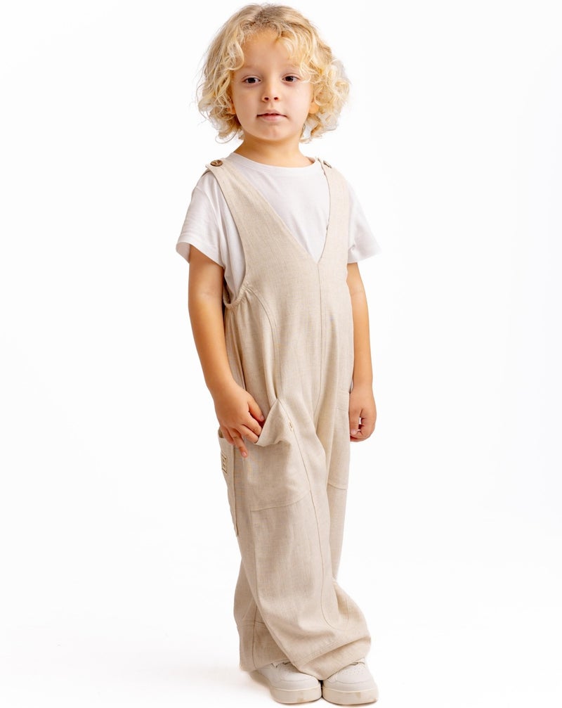 Oliven The Kid Unisex V Neck Elastic Leg Linen Overalls Natural - Image 3