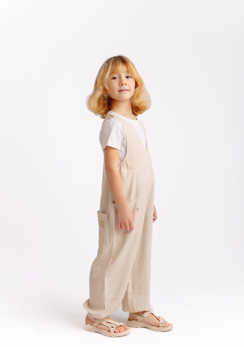 Oliven The Kid Unisex V Neck Elastic Leg Linen Overalls Natural - Image 4