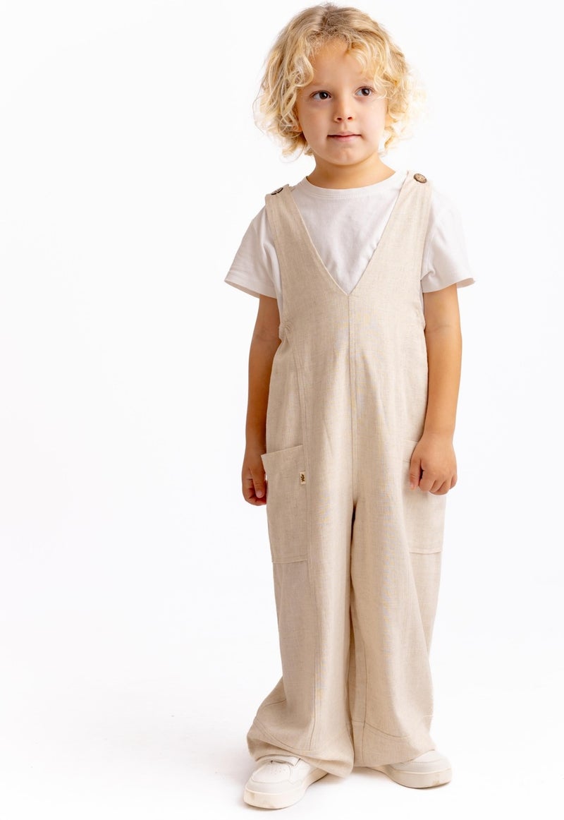 Oliven The Kid Unisex V Neck Elastic Leg Linen Overalls Natural - Image 1