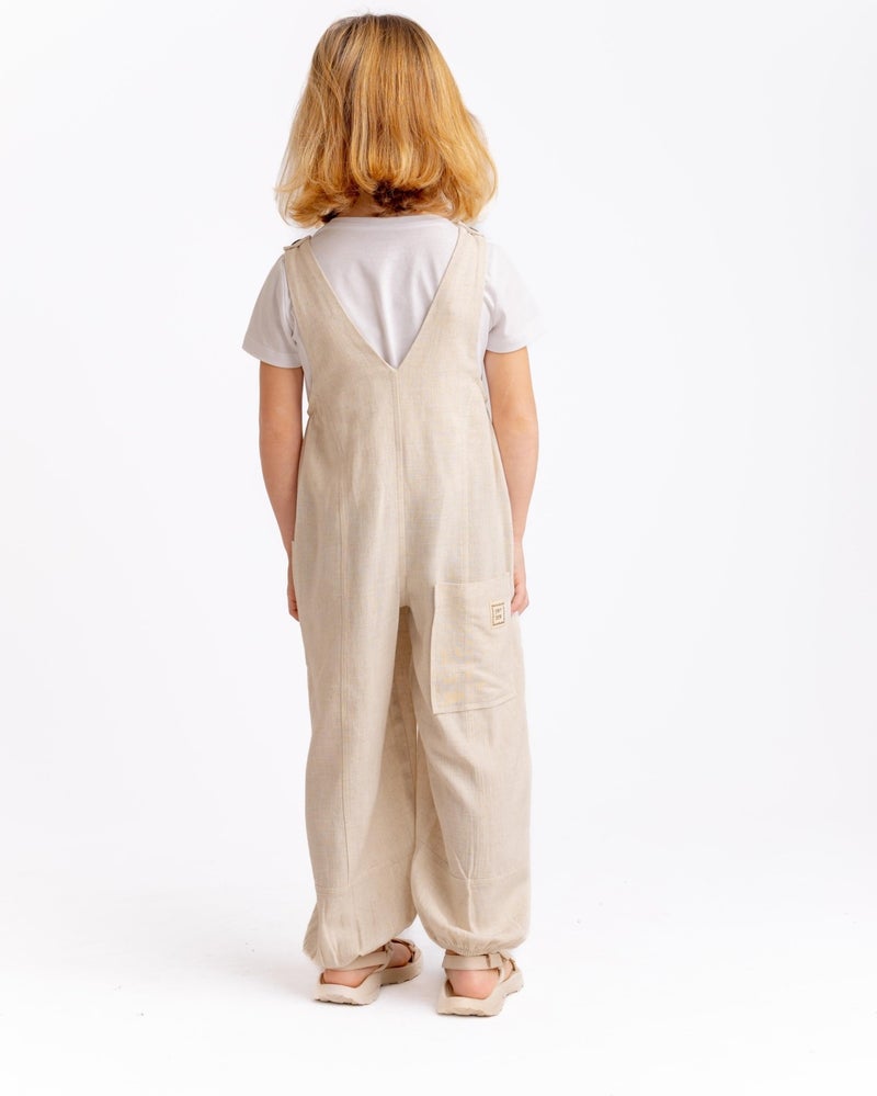 Oliven The Kid Unisex V Neck Elastic Leg Linen Overalls Natural - Image 5