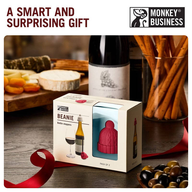 Monkey Business Beanie Cap Decorative Silicone Bottle Stopper in a Gift Box, Set of Two, Novelty Cork, Beverage and Wine Keeper, Champagne Bottle stoppers (Red & Grey) - Image 5