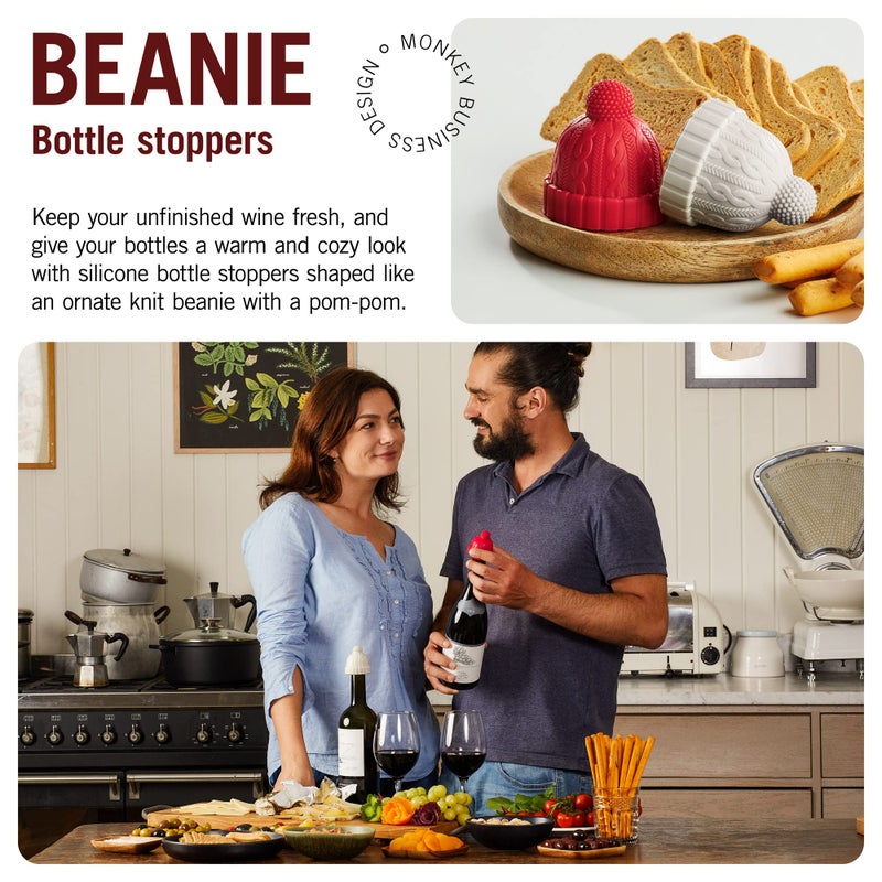 Monkey Business Beanie Cap Decorative Silicone Bottle Stopper in a Gift Box, Set of Two, Novelty Cork, Beverage and Wine Keeper, Champagne Bottle stoppers (Red & Grey) - Image 2