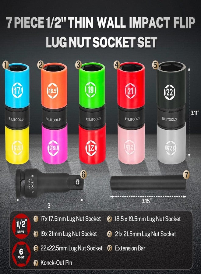 BILITOOLS Lug Nut Socket Set, 1/2" Thin Wall Impact Flip Sockets for Wheel lug Nuts with Non-Marring Sleeves, Half Sizes: 17/17.5, 18.5/19.5, 19/21, 21/21.5, 22/22.5mm, Knockout Bar & Extension - Image 2